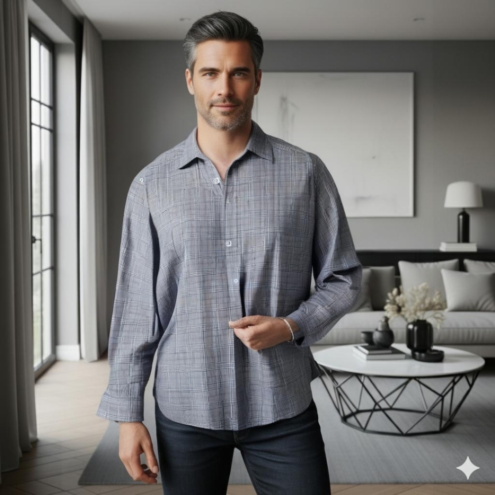 Bugatchi Men's Blue And Gray Plaid Button Down Shirt (SH-07)